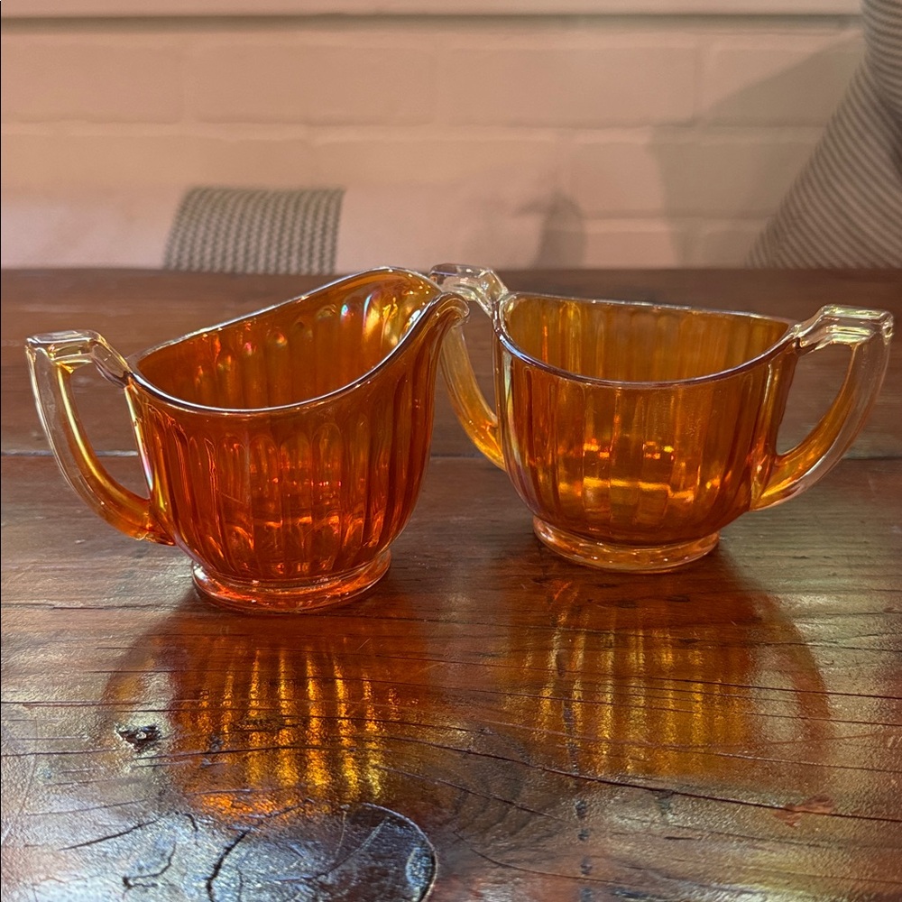 vintage marigold carnival glass creamer & sugar bowl set Imperial Glass Company